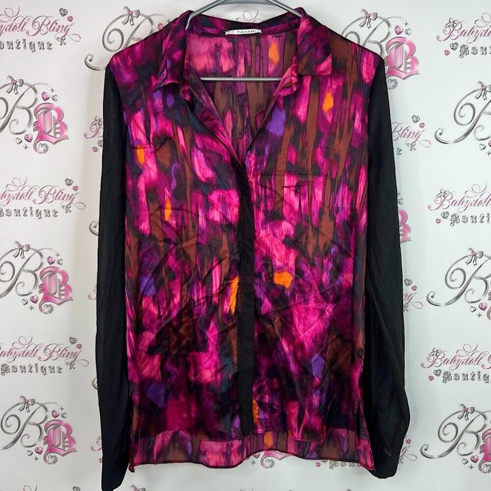 T Tahari blouse button up shiny Vibrant Pink and Black Button Down Shirt
